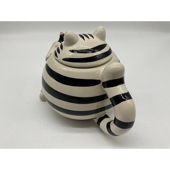 Pier 1 Imports Teapot Chubby Black & White Striped Cat Holding a Mouse as Spout - Picture 10 of 16